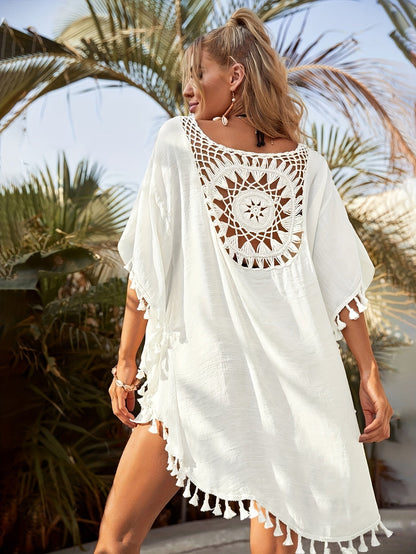 Túnica mini vestido bohemio de playa para mujer con escote de ganchillo y flecos – Perfecto como cubierta de playa de verano