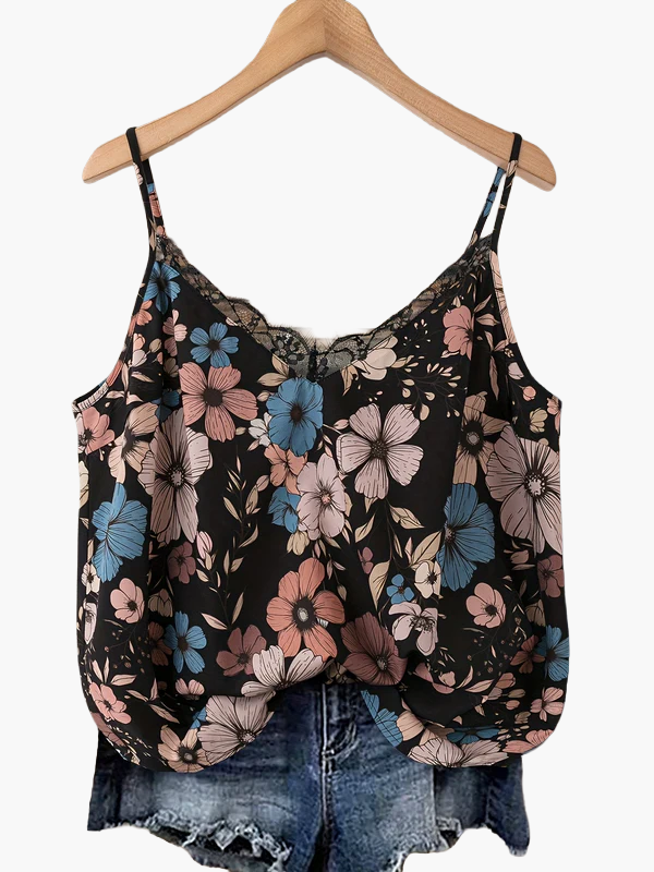 Dame sommer-top med blomsterprint og blonder – afslappet camisole til hverdag og ferie