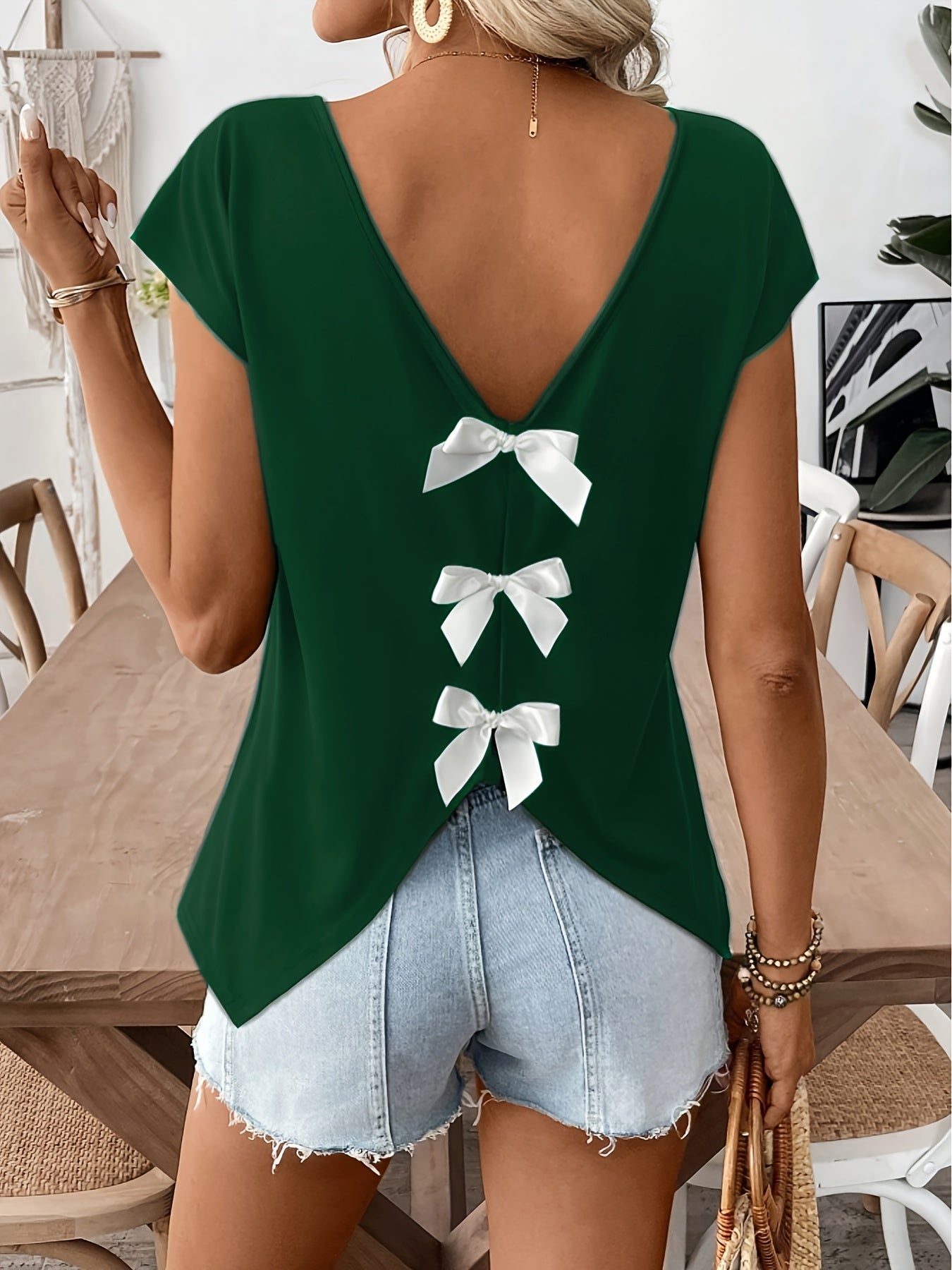 Damen Sommer Top mit Rückenausschnitt und Schleifen, modisches Freizeitshirt für Frühling und Sommer