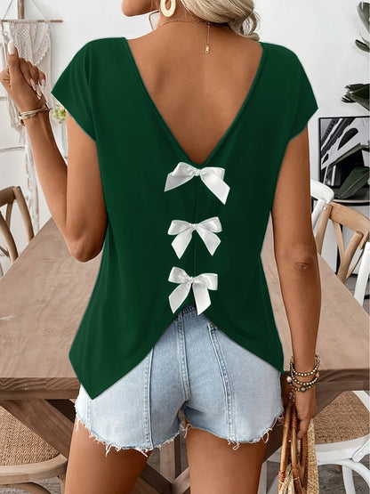 Damen Sommer Top mit Rückenausschnitt und Schleifen, modisches Freizeitshirt für Frühling und Sommer