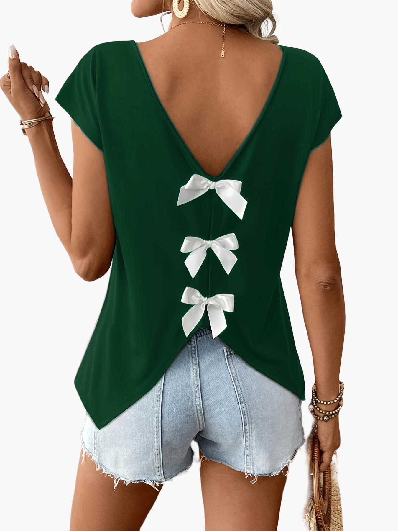 Damen Sommer Top mit Rückenausschnitt und Schleifen, modisches Freizeitshirt für Frühling und Sommer
