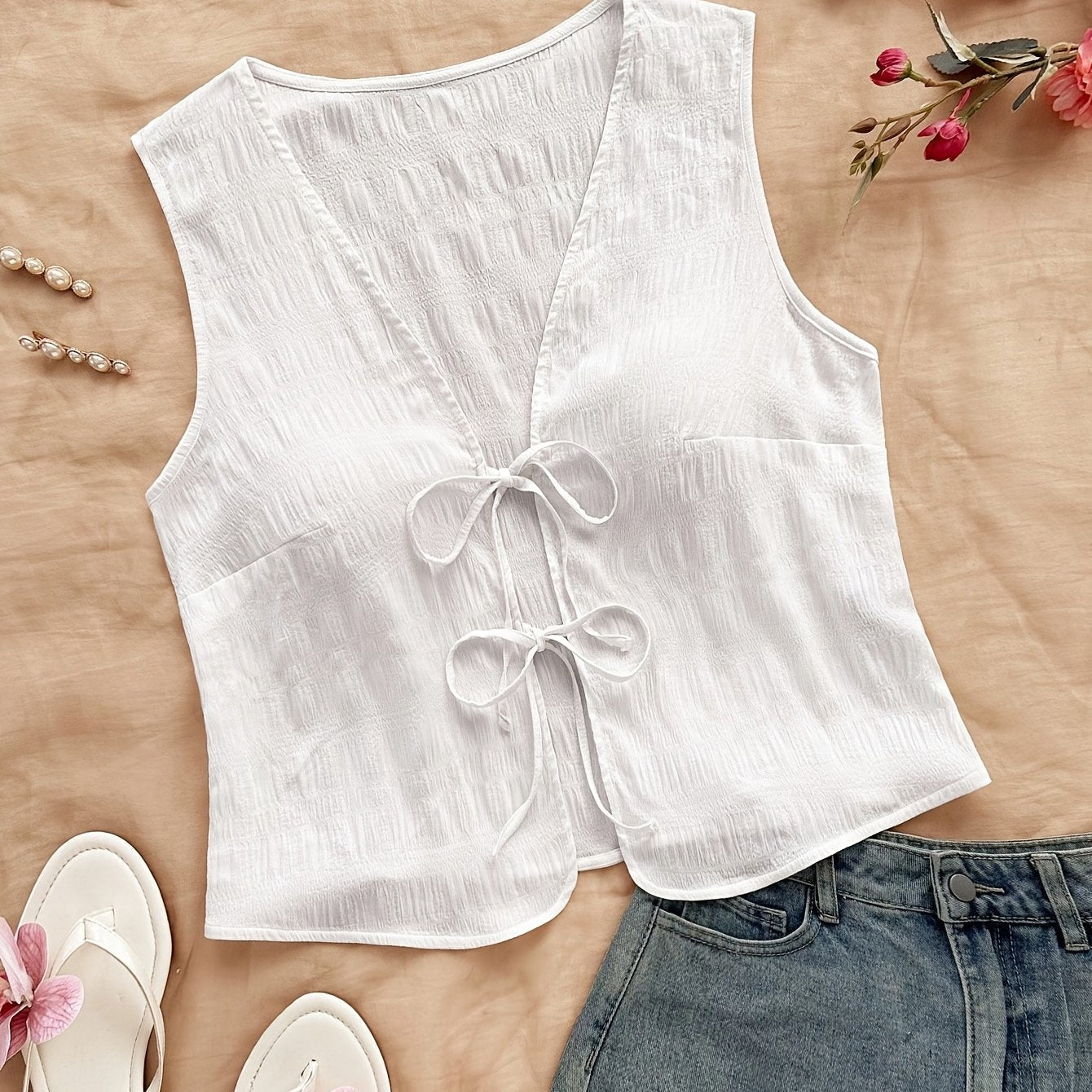 Dame ermeløs boho-vest med knytebånd og krinkeleffekt – Perfekt for fritid, strand og festivaler