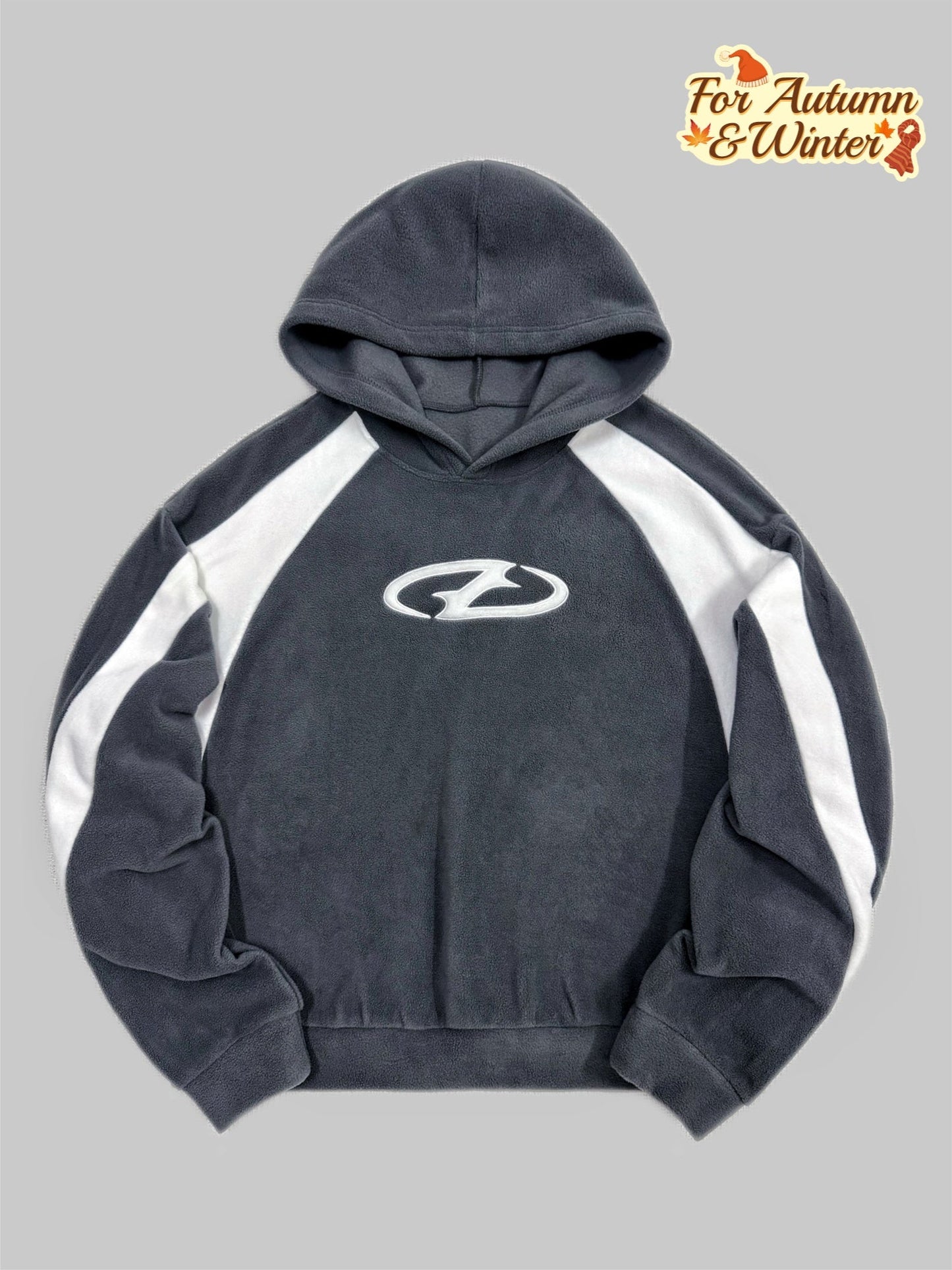 Unisex Hoodie Fleece Dunkelgrau Weiß Streifen Sticklogo