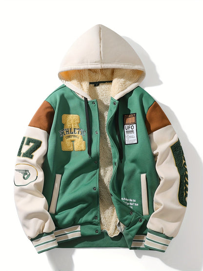 Unisex College Jacke Winter Grün Beige Braun mit Kapuze und Sherpa-Futter