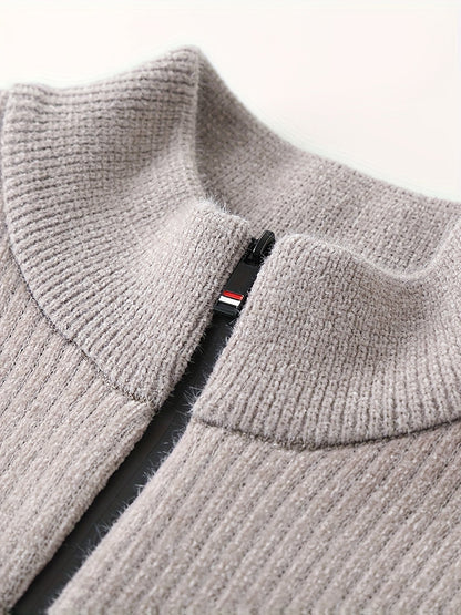 Herren Halb-Reißverschluss Strickpullover mit Streifenmuster, gerippt