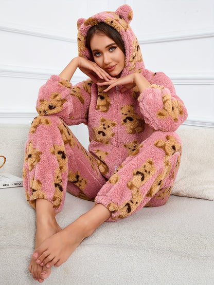 Damen Flauschiger Onesie mit Kapuze & Teddybär-Muster Rosa