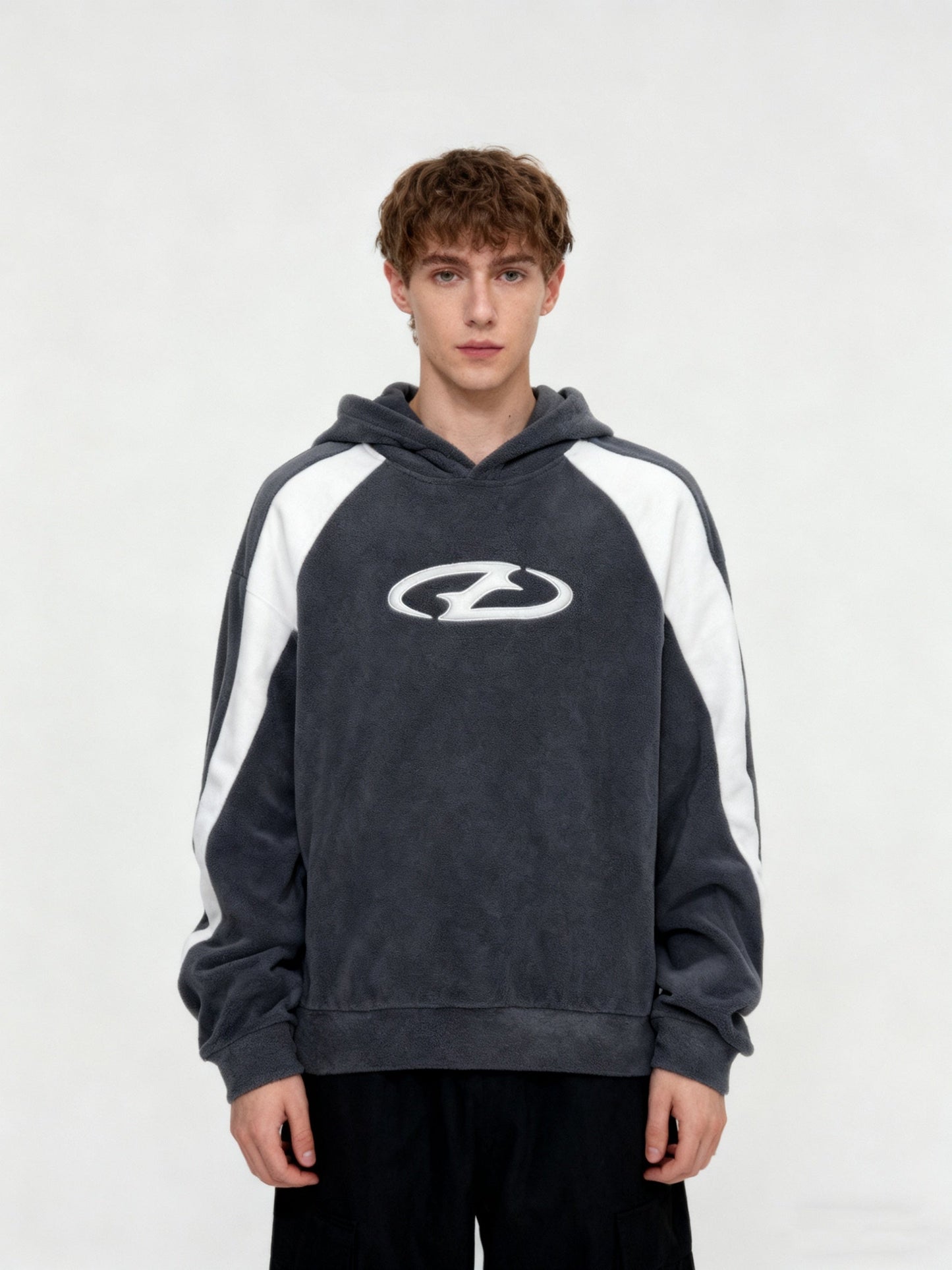 Unisex Hoodie Fleece Dunkelgrau Weiß Streifen Sticklogo