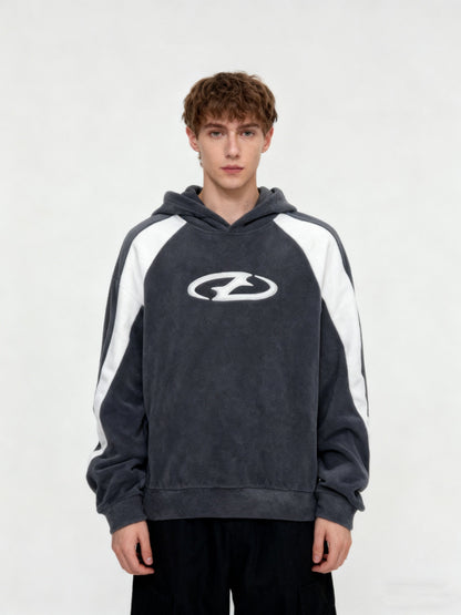 Unisex Hoodie Fleece Dunkelgrau Weiß Streifen Sticklogo