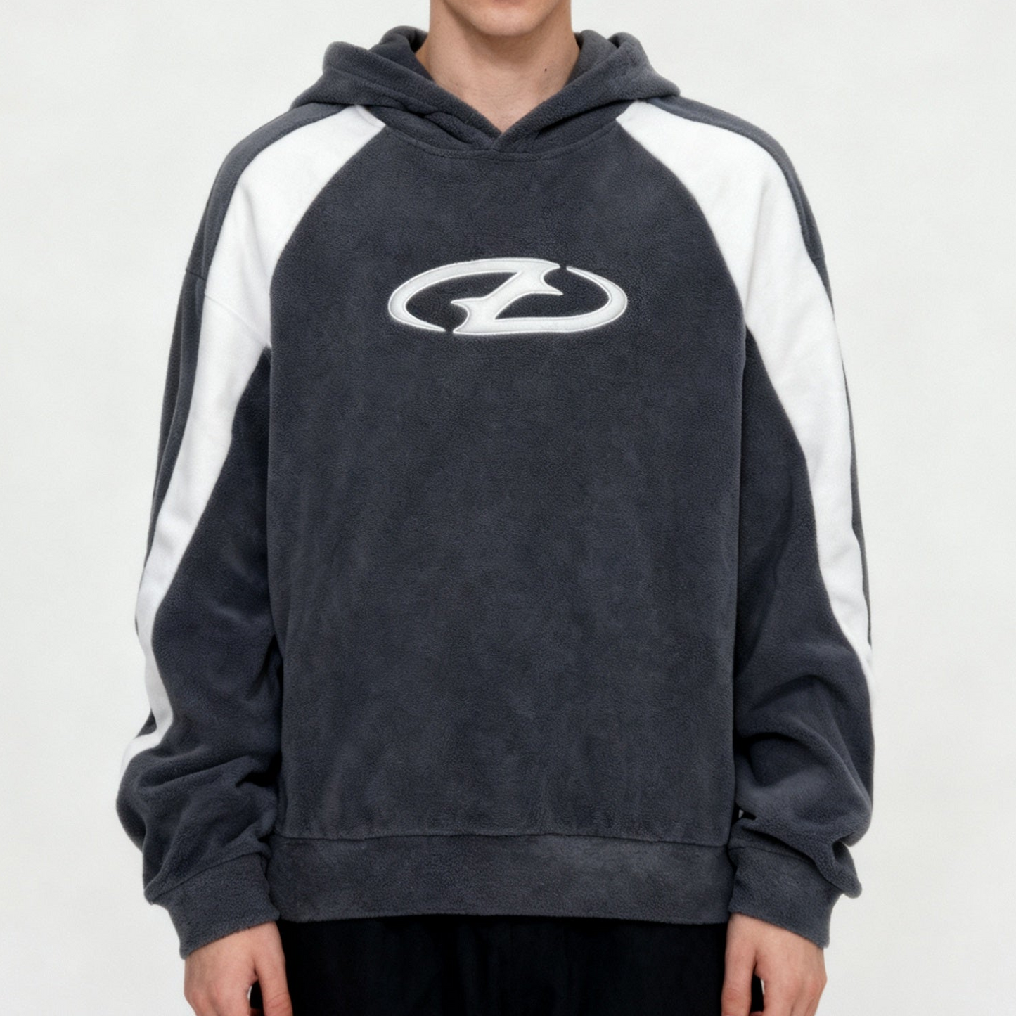 Unisex Hoodie Fleece Dunkelgrau Weiß Streifen Sticklogo