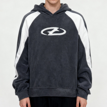 Unisex Hoodie Fleece Dunkelgrau Weiß Streifen Sticklogo