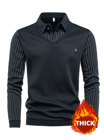 Jersey de hombre con cuello de camisa y escote en V, mangas a rayas, de manga larga, abrigado