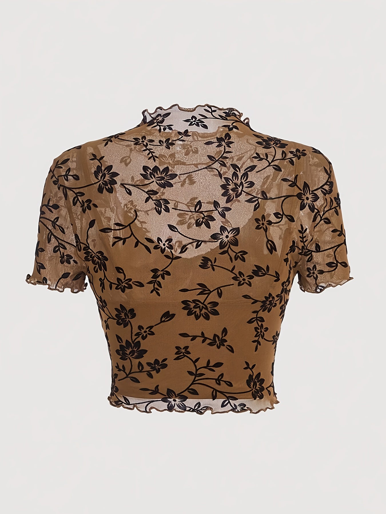 Dame Croptopp i mesh med blomsterprint og ståkrage – Elegant sommerstil
