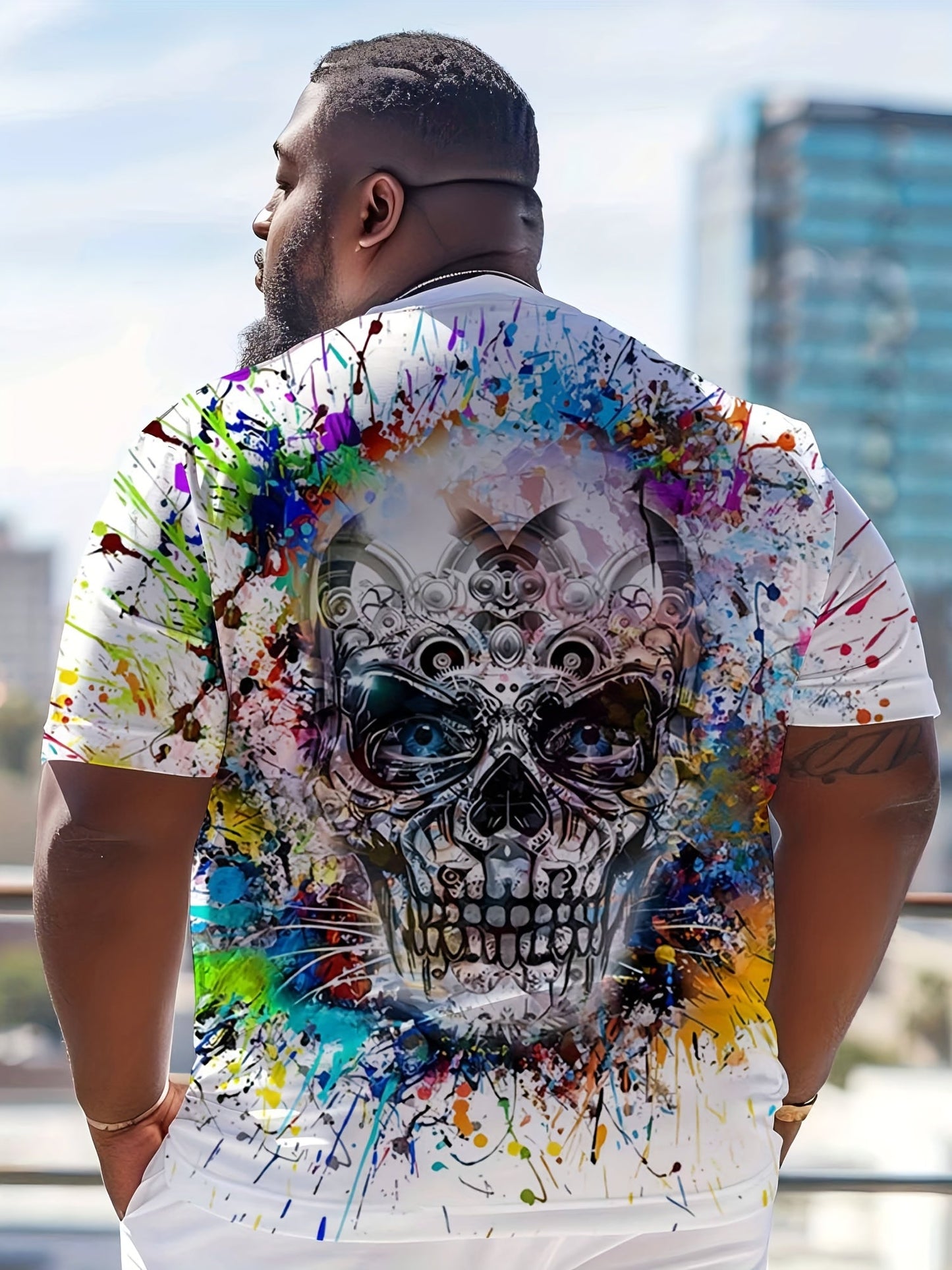 T-shirt homme avec imprimé tête de mort et éclaboussures de peinture – style streetwear urbain, manches courtes, grandes tailles