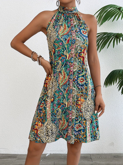 Damska letnia sukienka elegancka tunika z wzorem boho i wiązaniem na szyi na co dzień i na wakacje