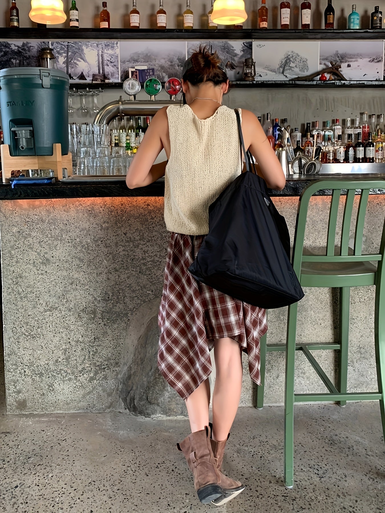 Gonna asimmetrica a quadri da donna in stile camicia per streetwear e tempo libero