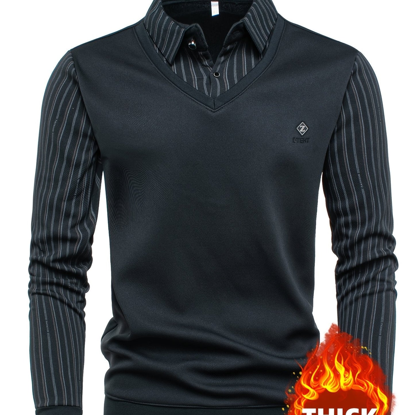 Jersey de hombre con cuello de camisa y escote en V, mangas a rayas, de manga larga, abrigado