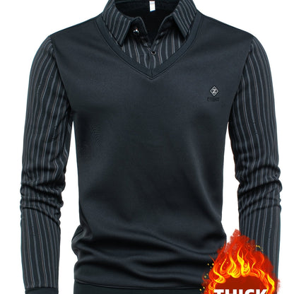 Jersey de hombre con cuello de camisa y escote en V, mangas a rayas, de manga larga, abrigado