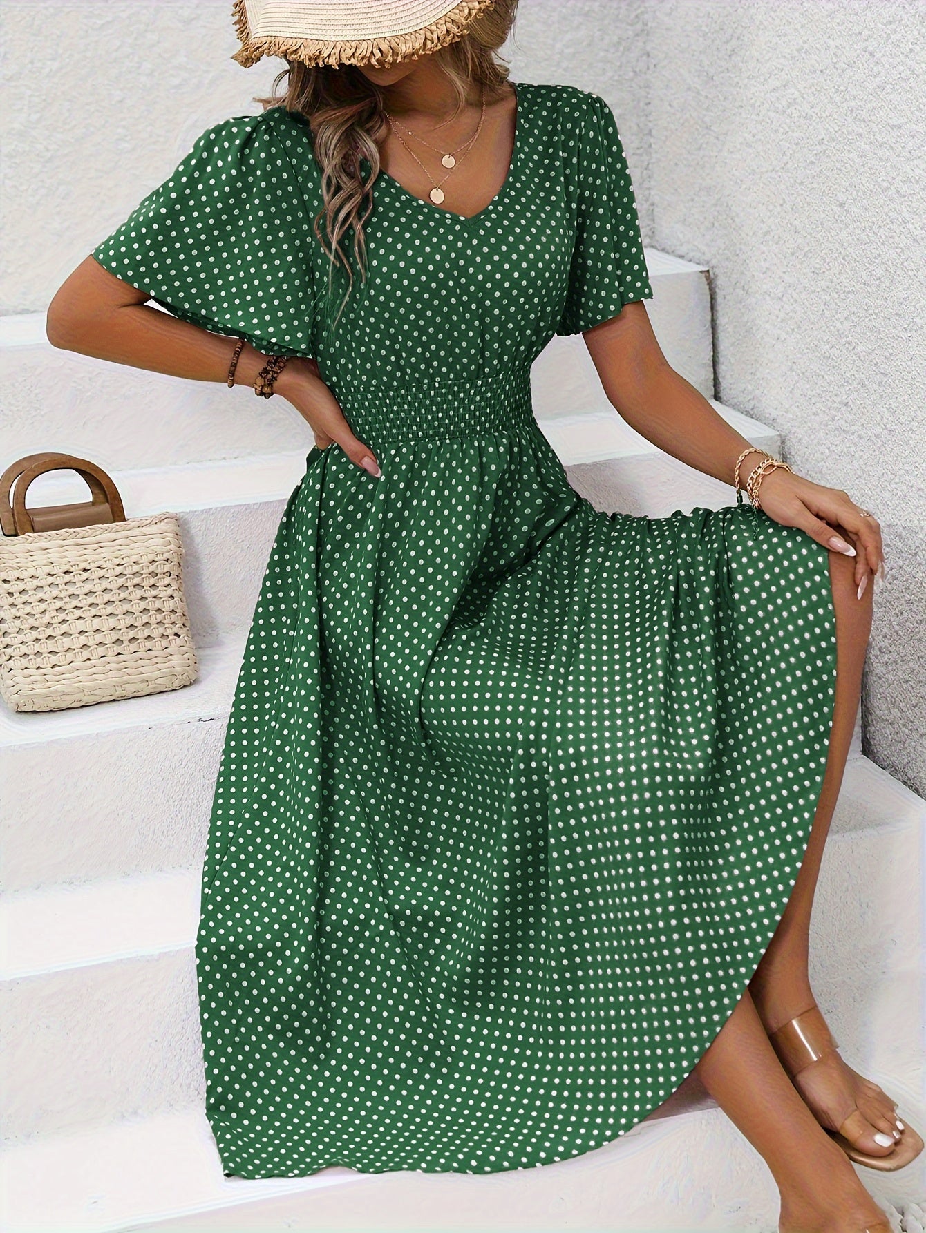 Robe décontractée à pois pour femme avec col en V et manches courtes – Élégante robe longue pour le printemps et l'été