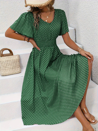 Robe décontractée à pois pour femme avec col en V et manches courtes – Élégante robe longue pour le printemps et l'été