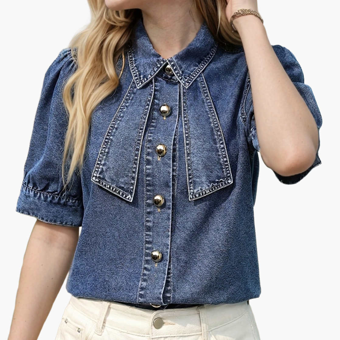 Dames spijkerblouse met statement-kraag en korte mouwen – Elegante citylook voor lente en zomer
