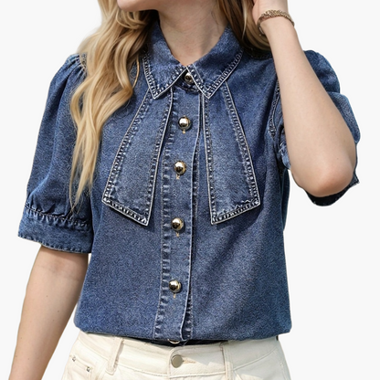 Dames spijkerblouse met statement-kraag en korte mouwen – Elegante citylook voor lente en zomer