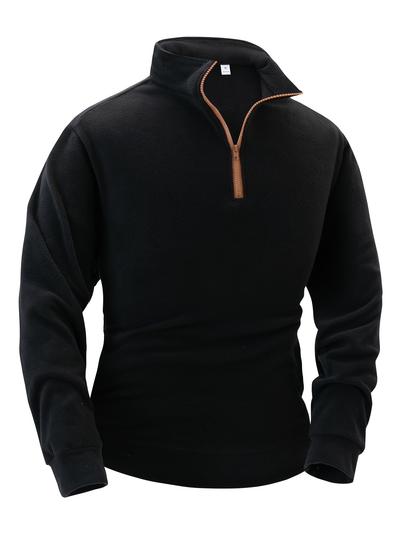 Fleece-pullover til mænd med ståkrave, halv lynlås, lange ærmer og lomme