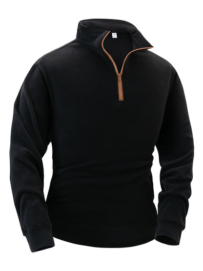 Fleece-pullover til mænd med ståkrave, halv lynlås, lange ærmer og lomme