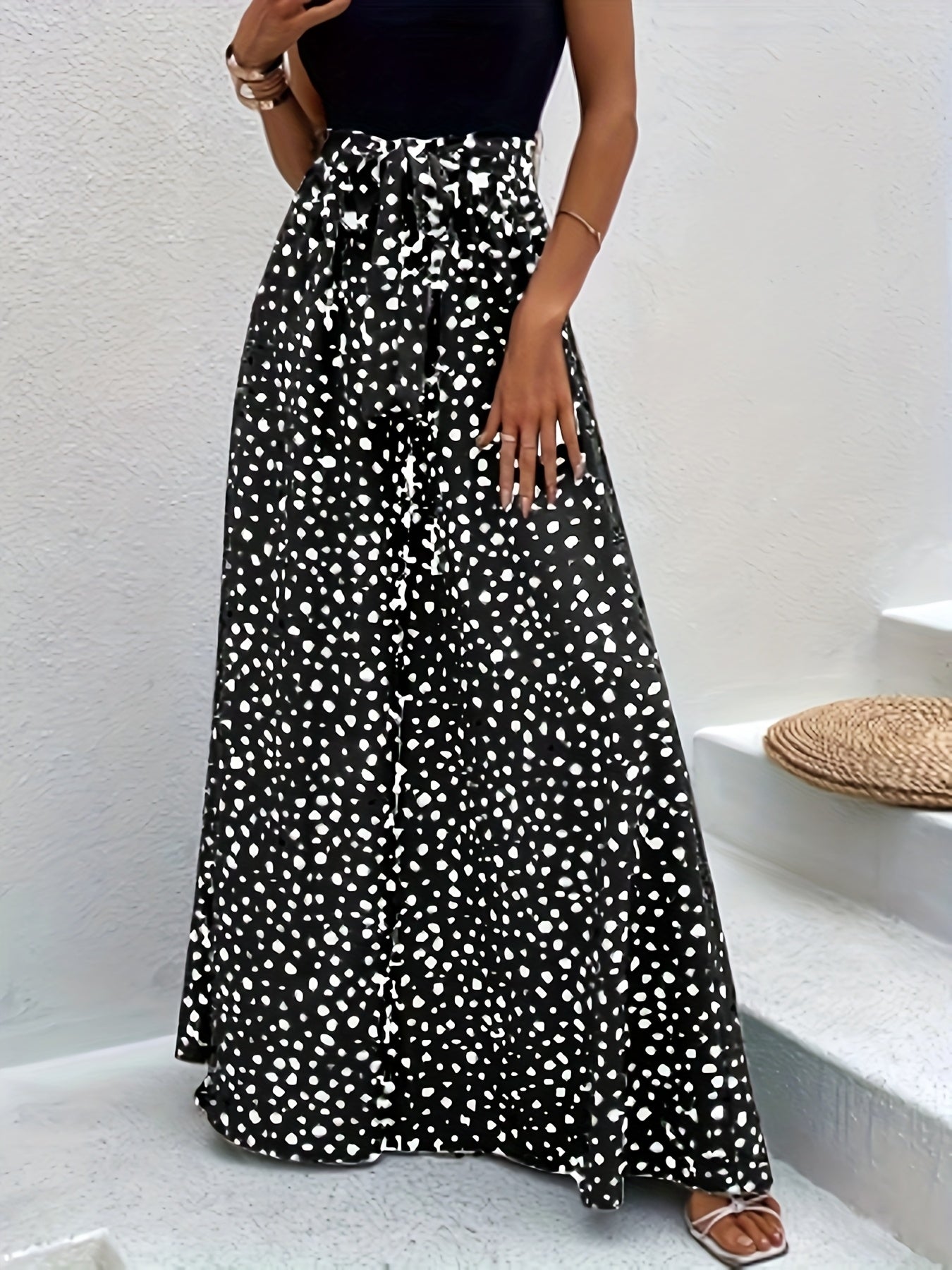 Dames elegante wijde broek met stippen en ceintuur – perfect voor lente & zomer