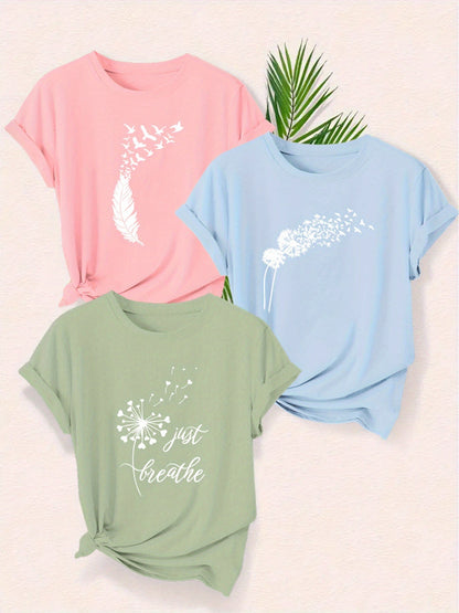 T-shirt graphique femme avec motifs naturels et phrase inspirante – Décontracté, manches courtes, design moderne