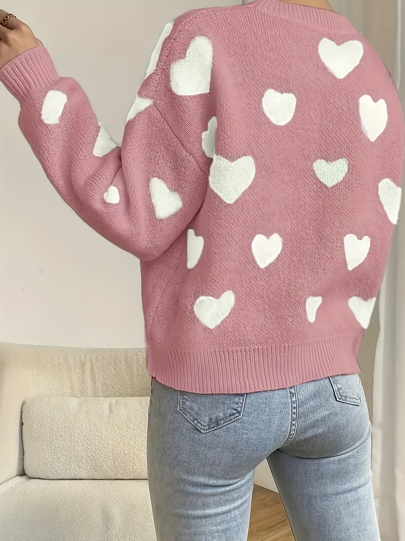 Maglione da donna lavorato a maglia, vestibilità morbida, motivo a cuore, girocollo, bianco e beige