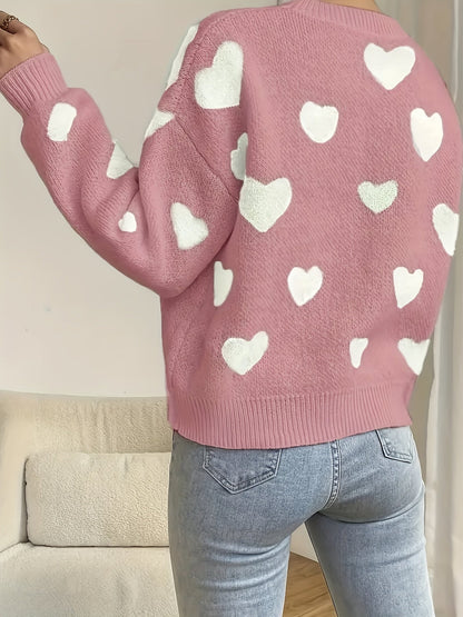 Maglione da donna lavorato a maglia, vestibilità morbida, motivo a cuore, girocollo, bianco e beige