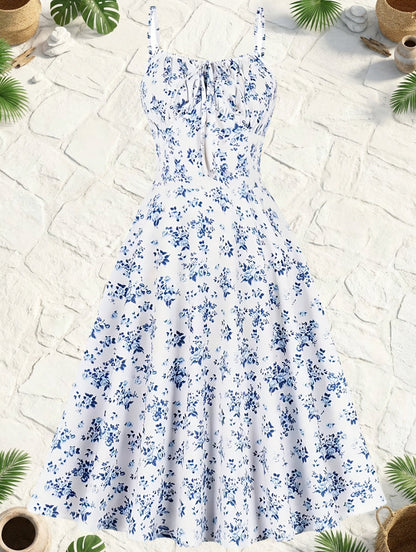Abito midi estivo da donna con motivo floreale e spalline sottili – Stile femminile per feste in giardino e uso quotidiano