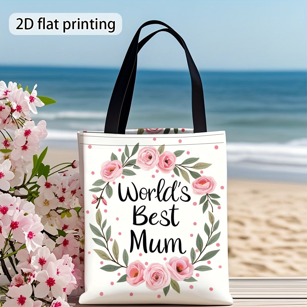 Damen Shopper Tasche – Stilvolle Tragetasche mit Blumenkranz und Aufschrift 'World's Best Mum' – Perfektes Geschenk für Mütter