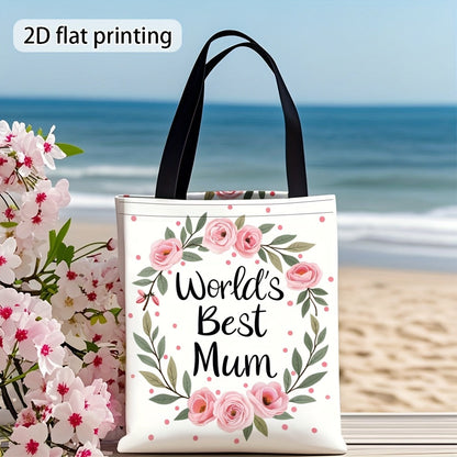 Damen Shopper Tasche – Stilvolle Tragetasche mit Blumenkranz und Aufschrift 'World's Best Mum' – Perfektes Geschenk für Mütter
