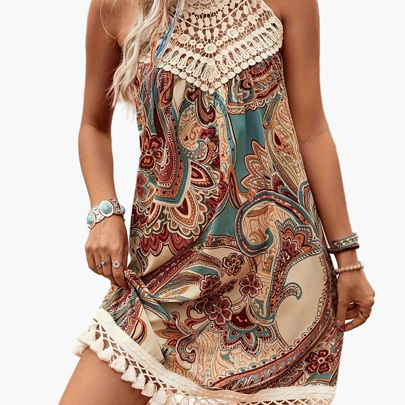Damen Sommer Tunika Kleid im Boho-Stil mit Paisley-Print und Häkel-Details – Ideal für Strand und Freizeit