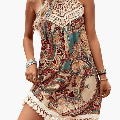 Damen Sommer Tunika Kleid im Boho-Stil mit Paisley-Print und Häkel-Details – Ideal für Strand und Freizeit