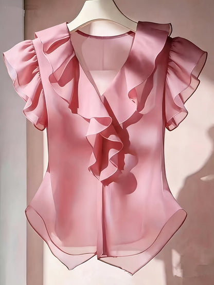 Damevolantbluse med V-hals og volanger – Elegant chiffongbluse for kontor og kveld
