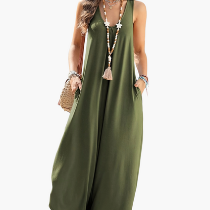 Mono ancho de mujer con escote en V y bolsillos – Mono veraniego casual para el día a día y vacaciones