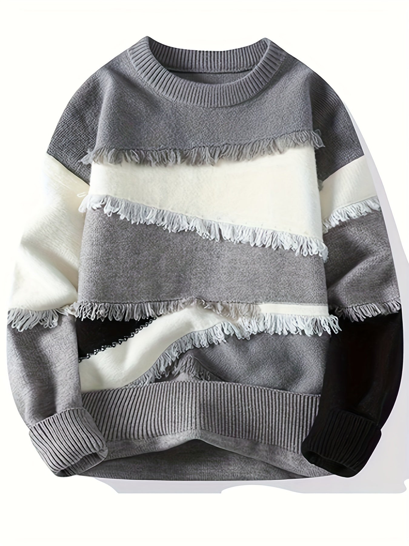 Unisex Patchwork Pullover mit Fransen Rundhals Langarm Strickpullover Mehrfarbig