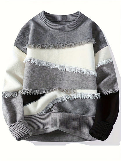 Unisex Patchwork Pullover mit Fransen Rundhals Langarm Strickpullover Mehrfarbig