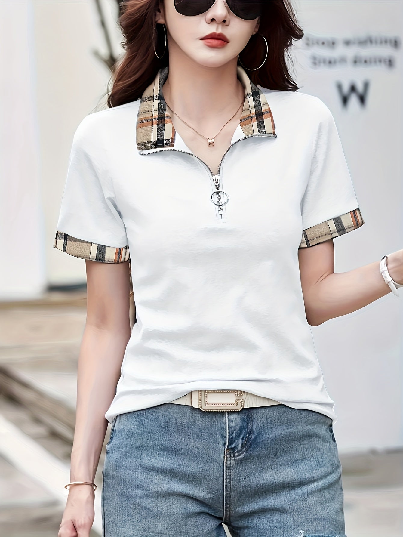 Polo casual da donna con zip e motivo a quadri – Maglia da tempo libero alla moda con collo con cerniera