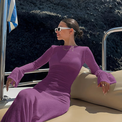 Abito maxi da spiaggia da donna con maniche lunghe, look elegante per vacanze e resort