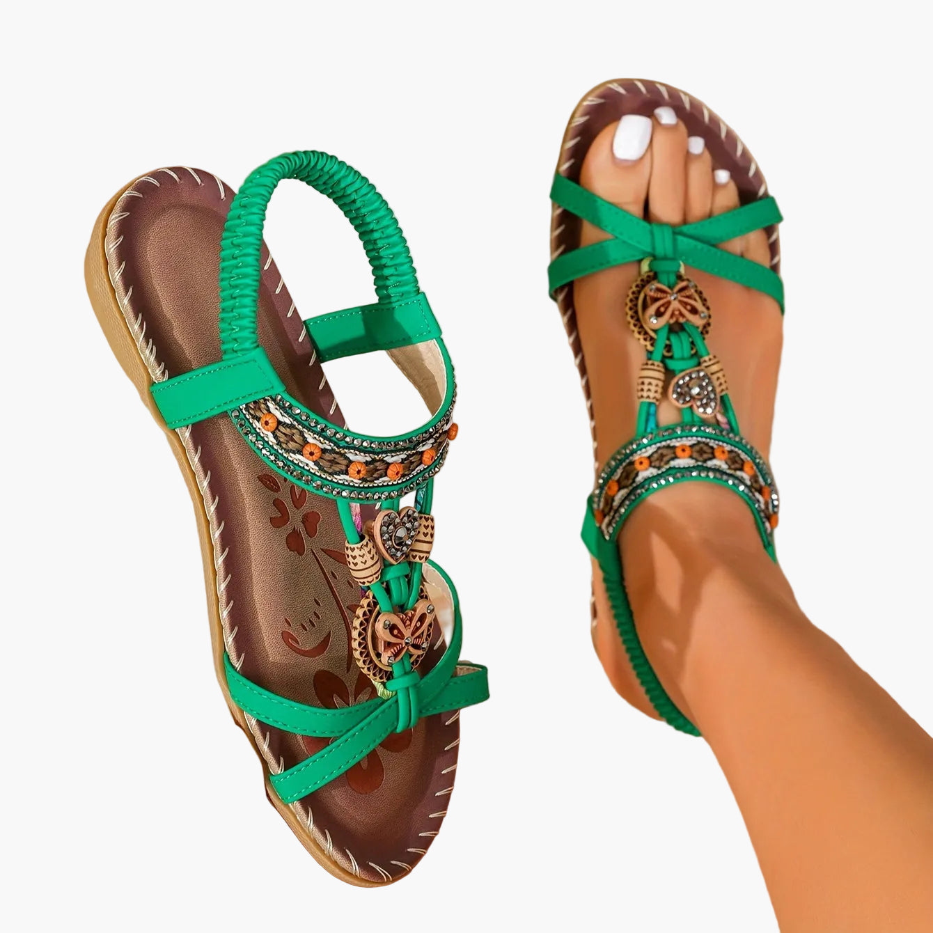 Sandalias bohemias para mujer con decoración étnica de perlas y plantilla cómoda – Tendencia de verano y ocio