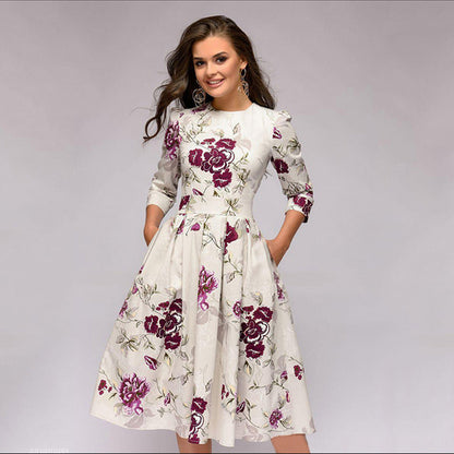 Dames elegante A-lijn jurk met bloemenpatroon en 3/4 mouwen voor feestelijke gelegenheden en dagelijks gebruik