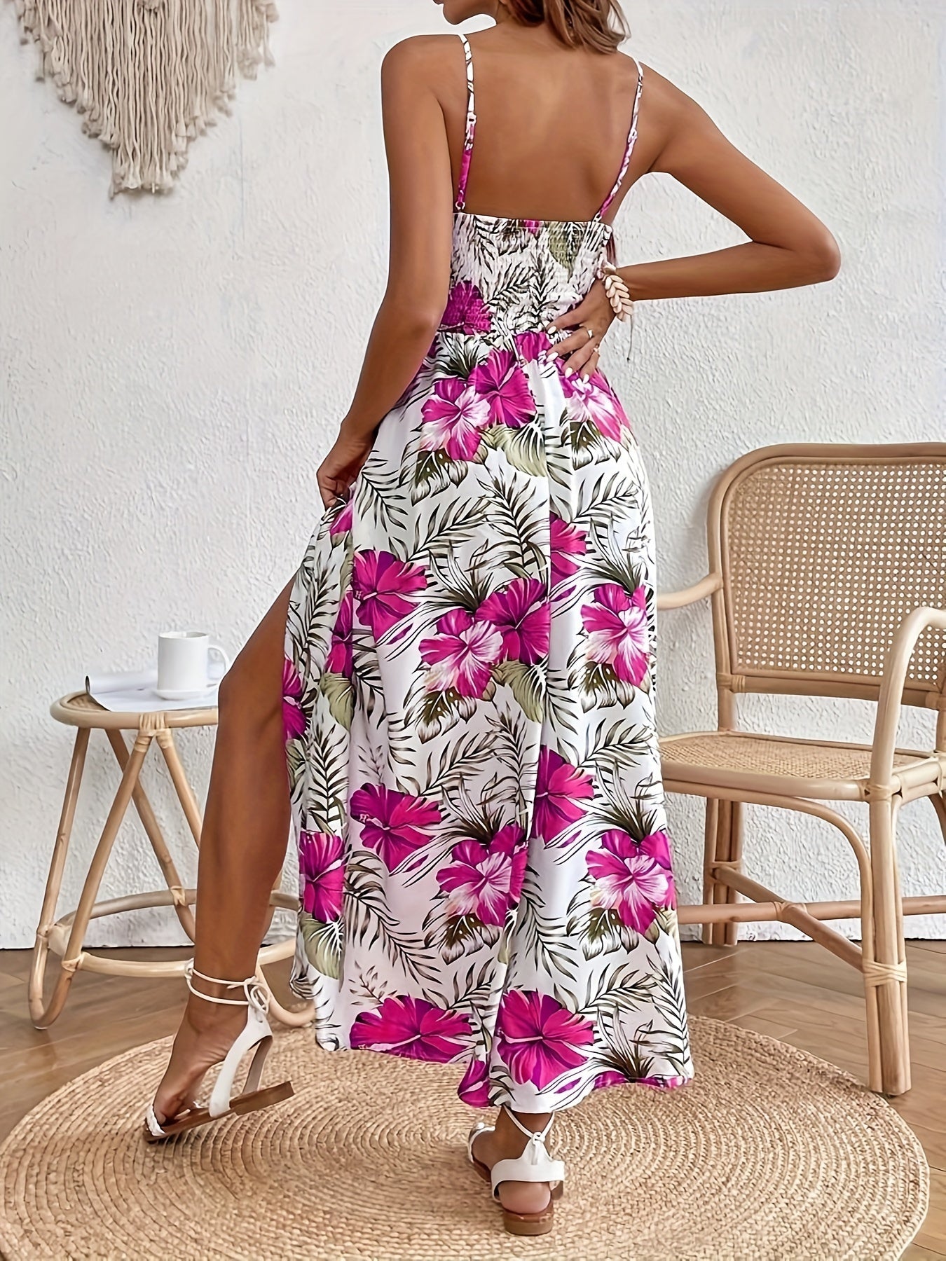 Damen Maxikleid Elegant mit Blumenmuster und Schlitz für Sommer und Urlaub