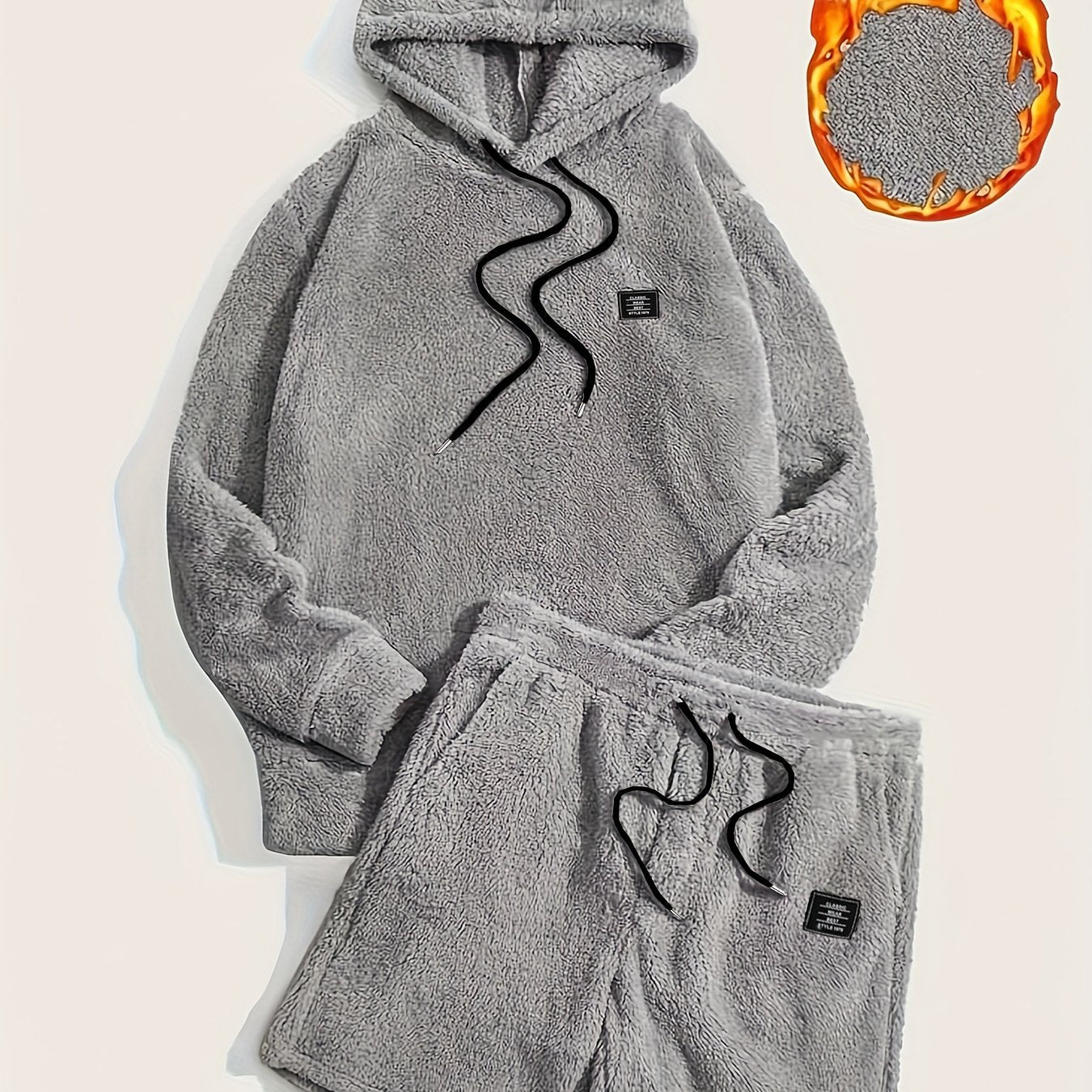 Unisex teddyfleece hoodie- en shortset met capuchon en trekkoord
