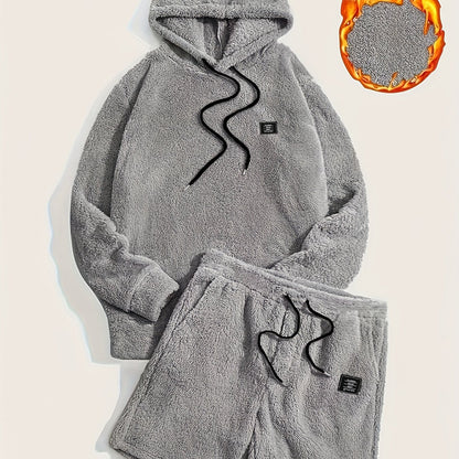 Unisex teddyfleece hoodie- en shortset met capuchon en trekkoord
