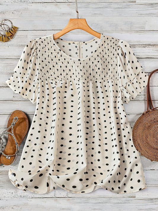 Damebluse elegant prikket med rynking, kortermet, sommer fritidsklær