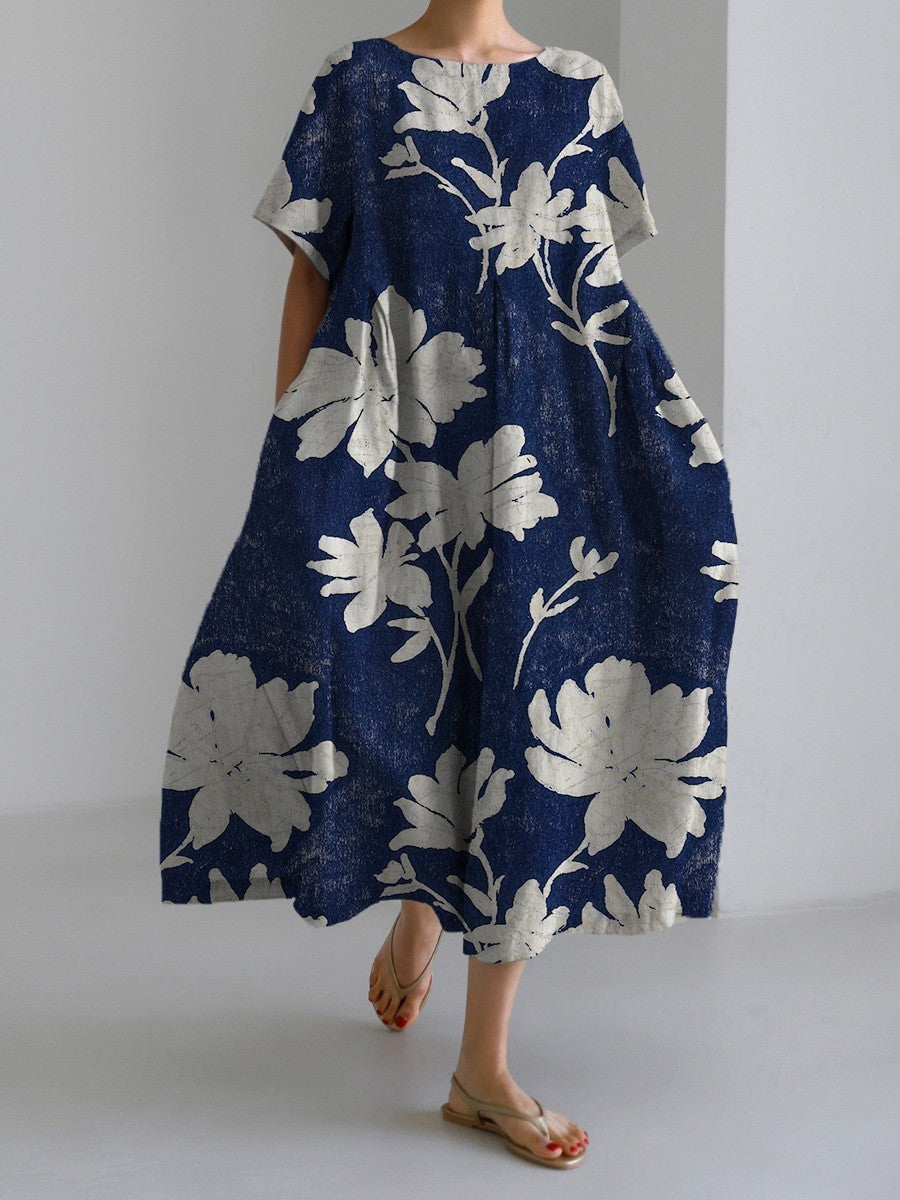 Damen Maxikleid Retro A-Linie mit großen Blumen – Sommerkleid im künstlerischen Vintage-Stil, Elegantes Freizeitkleid