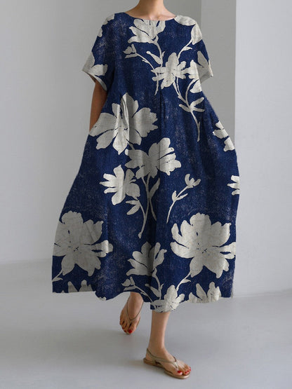 Damen Maxikleid Retro A-Linie mit großen Blumen – Sommerkleid im künstlerischen Vintage-Stil, Elegantes Freizeitkleid